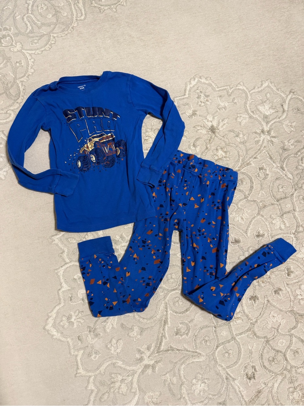 Carter’s Boys 2 Pc Pajama Set Size 8/8A Blue Stunt Pro Monster Truck Cotton PJs